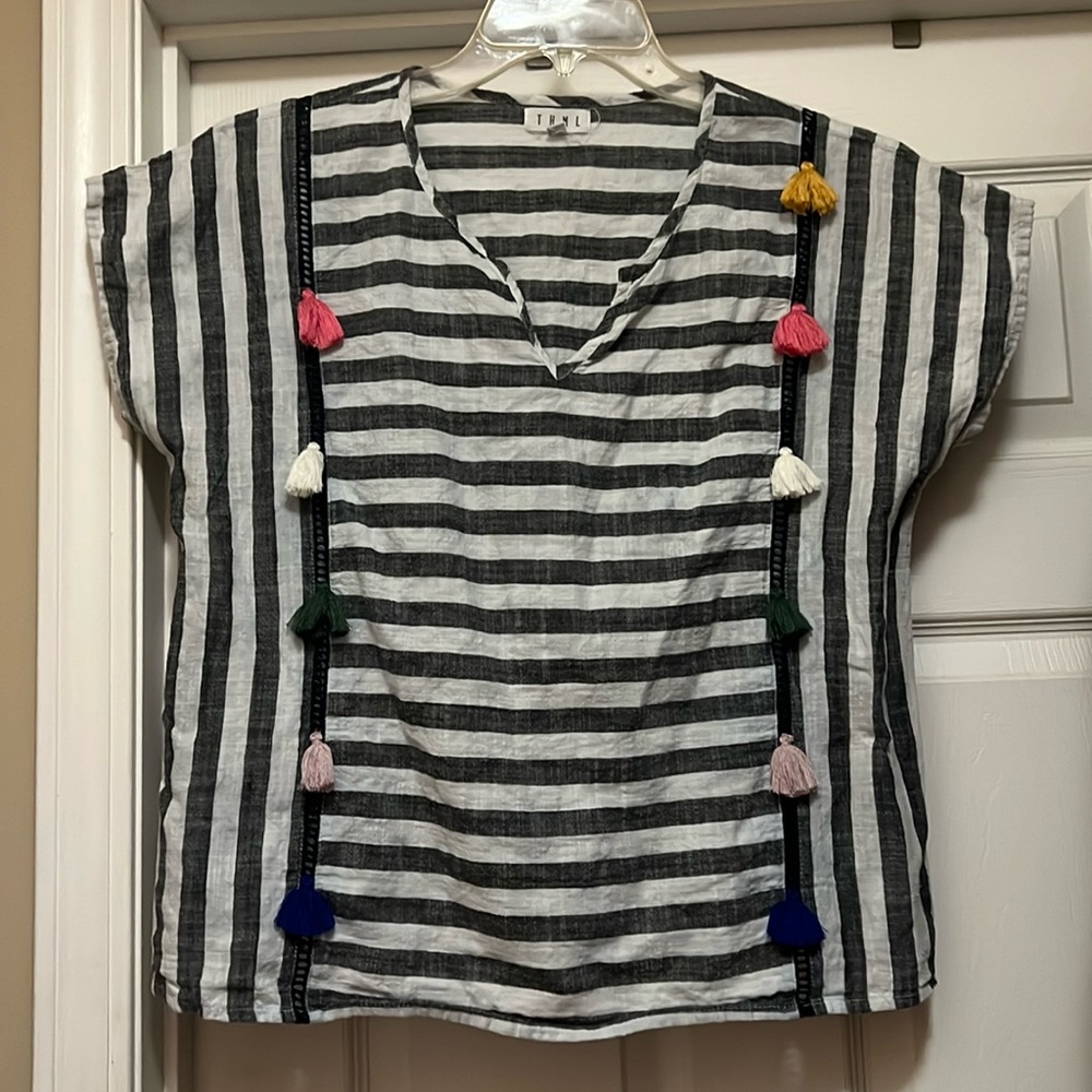 Anthropologie THML White and Black with Pom Pom’s SS Cotton Top Large